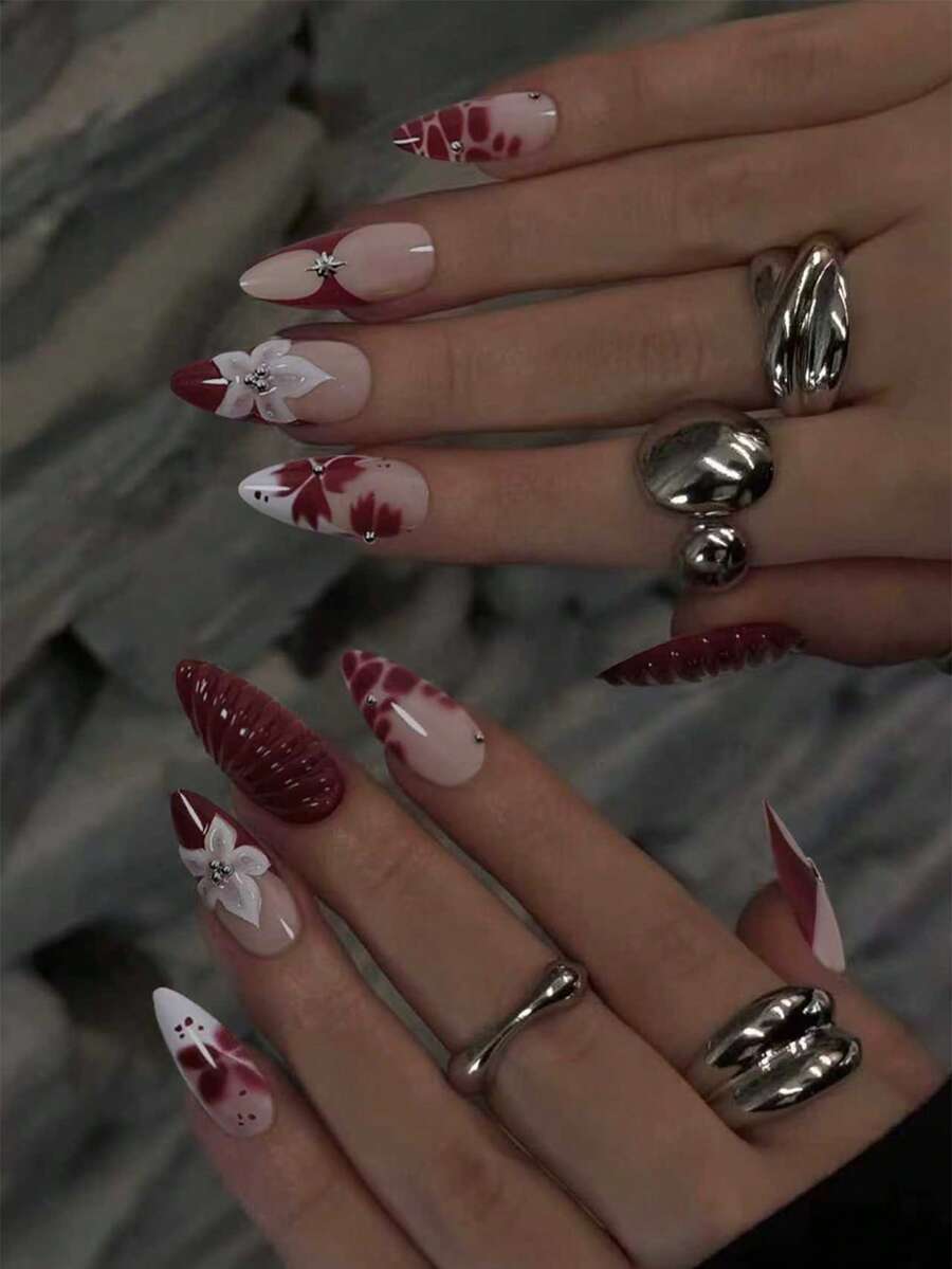 Y2K 3D Resin White Petal Ballet Style Burgundy Leopard Print 24pcs Medium Almond Shaped False Nails, Nail Art Stickers Suitable For Any Occasion - Multicolor - View 1