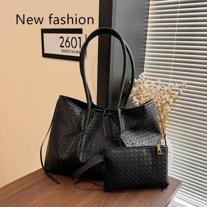 新款大容量编织图案手提包，时尚单肩包，独特设计，纯色单肩包，适合日常出行、购物、工作和通勤。