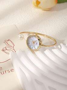 1 Women's Fine Fiber Bracelet, 1 Large Pearl, Diamond Cut Glass Rhinestone Dial, Minimalist Quartz Watch Bracelet, Watch - Gold - View 5