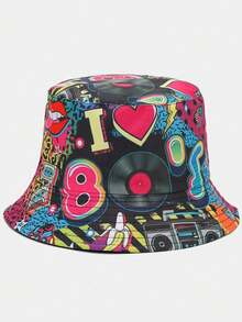 1顶男女通用复古经典“80、90年代”卡带收音机涂鸦印花双面渔夫帽，轻便透气宽檐遮阳帽，百搭休闲街头风，适合各种场合 - A - 查看 10