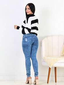 Women's Striped High Neck Knit Sweater, Winter Blouse - 黑色 - 查看 4