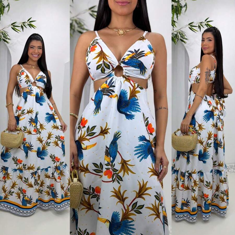 Women's Floral Long Dress, Loose Fit, Elegant, Lined, Printed - 白色和藍色圖案 - 查看 1