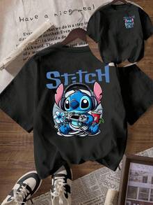 Disney Lilo & Stitch Gamer Stitch T-Shirt & Shorts Set: Black Oversized Tee With Front Mini Stitch & Back Gamer Stitch Graphic, Black Casual Shorts, Perfect For Gaming, Theme Park Visits And Stitch Fans, Ideal Gift - 黑色 - 查看 1