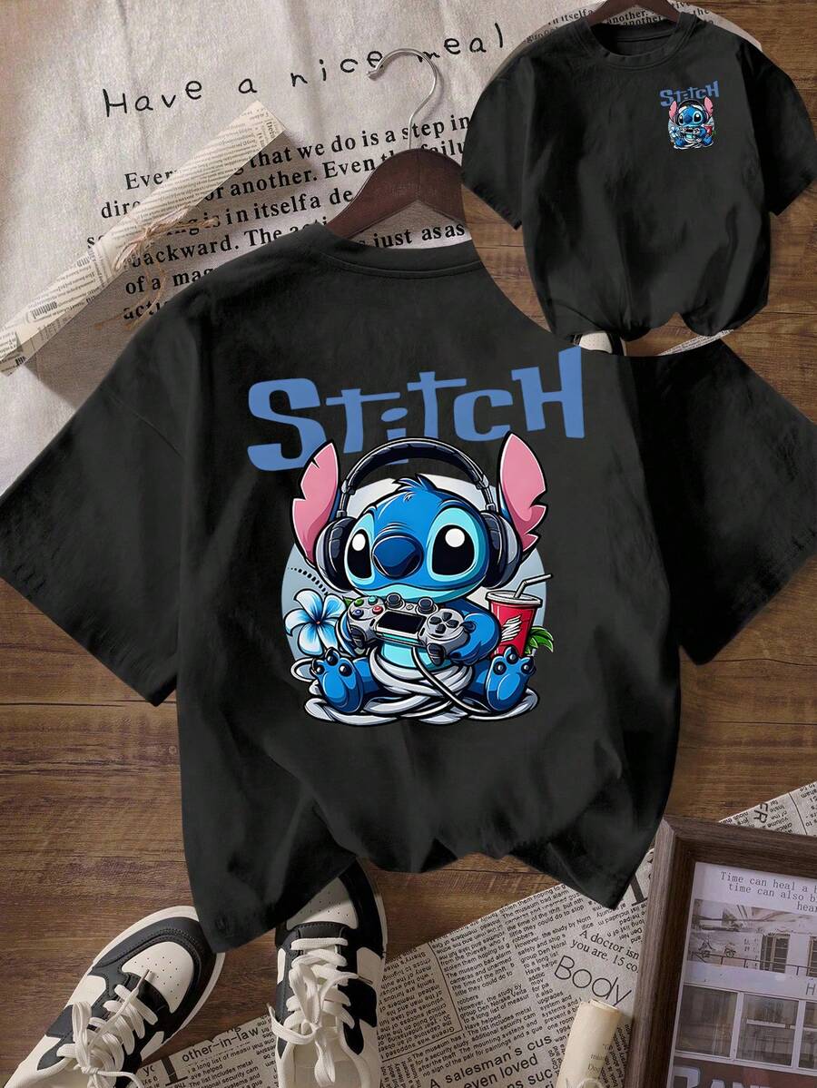 Disney Lilo & Stitch Gamer Stitch T-Shirt & Shorts Set: Black Oversized Tee With Front Mini Stitch & Back Gamer Stitch Graphic, Black Casual Shorts, Perfect For Gaming, Theme Park Visits And Stitch Fans, Ideal Gift - 黑色 - 查看 1