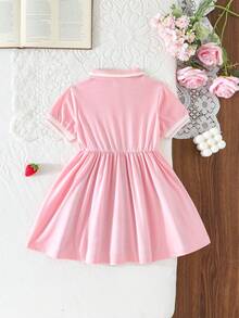 Strawberry Print Short Sleeve Lapel Open Front Casual Dress, Summer - Pink - View 2