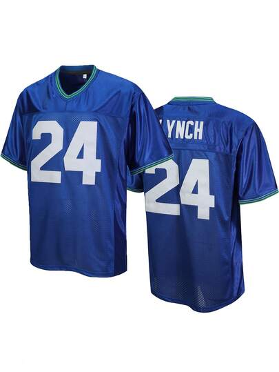 Camiseta de fútbol americano azul número 24, camiseta casual de manga corta con cuello en V bordada para hombres, tops deportivos para fiestas y fútbol