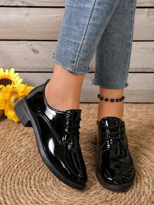 时尚百搭女士真皮牛津鞋，英伦风高跟系带粗跟鞋 - 黑色 - 查看 2