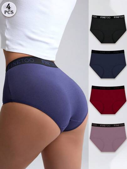FINETOO 4条装撞色纯棉高腰三角裤，女士基本款内裤