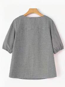 女士优雅宽松格子衬衫，百搭休闲圆领上衣，半袖设计，夏季款 - 黑與白 - 查看 3