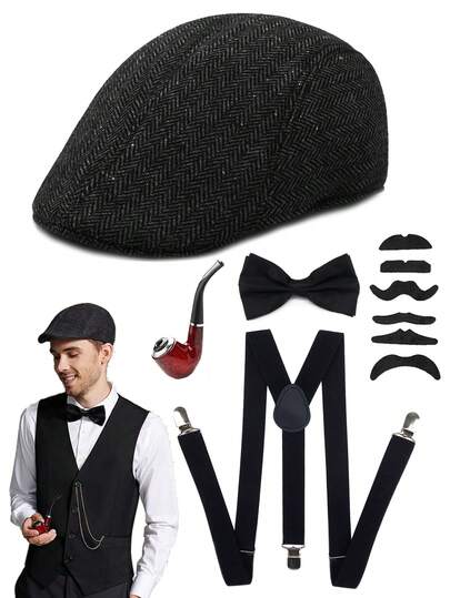 5Pcs Forever & Moment 1920s Gatsby Costume Accessories For Men, Beret Hat Bow Tie Y-Back Suspenders Fake Mustache Set For Retro Party, Cosplay, Roaring 20s Party