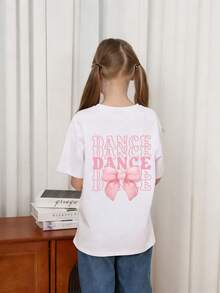 少女款“DANCE”字母蝴蝶结卡通印花柔软舒适T恤，适合户外运动、日常休闲穿着、街头校园风，时尚百搭的春夏上衣 - 白色 - 查看 3
