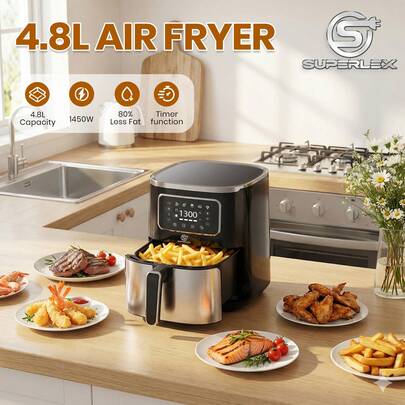 SUPERLEX 5.5L Air Fryer, 10-In-1 Multi-Function Fryer, LED Display Multi-Function Oven, Equipped With A Timing Function, 1300w High Power, Stainless Steel Non-Stick Coating, Fast Oil-Free Cooking And Easy To Clean, Designed For Home Kitchens, Can Be Used For Fried Chicken, French Fries, Steak, Pizza, Barbecue
