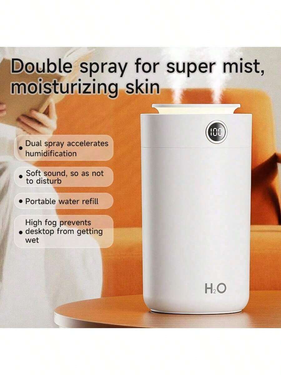 GS45加湿器，新款大容量纳米双雾加湿器，静音家用加湿器，带暖光夜灯，高雾量输出，不沾湿表面，3档雾量可调，数字显示，加水方便，适用于客厅、卧室和书桌，容量850毫升，1200毫安时电池 - Mist - 查看 1