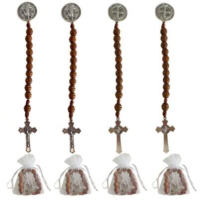 4PCS Baptism Favor Saint Benedict Medal Prayer Pocket Memorial Rosary, Catholic Brown Wood Beads Crucifix Organza Bags Easter Day Gifts For Faithful Spiritual Protection
