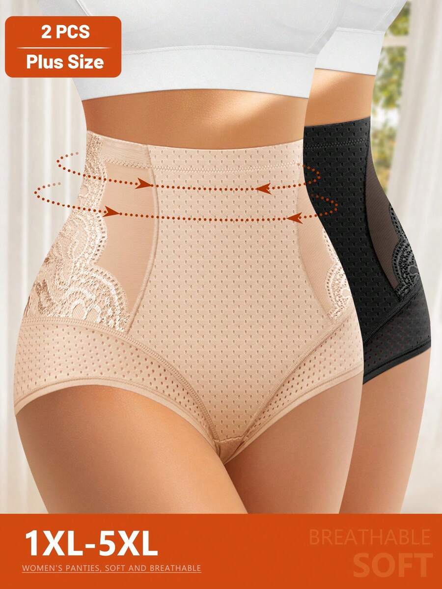 MEIYATING 2 pièces Culottes grande taille à taille haute avec contrôle du ventre, culottes triangulaires respirantes avec bordure en dentelle de maille pour l'été