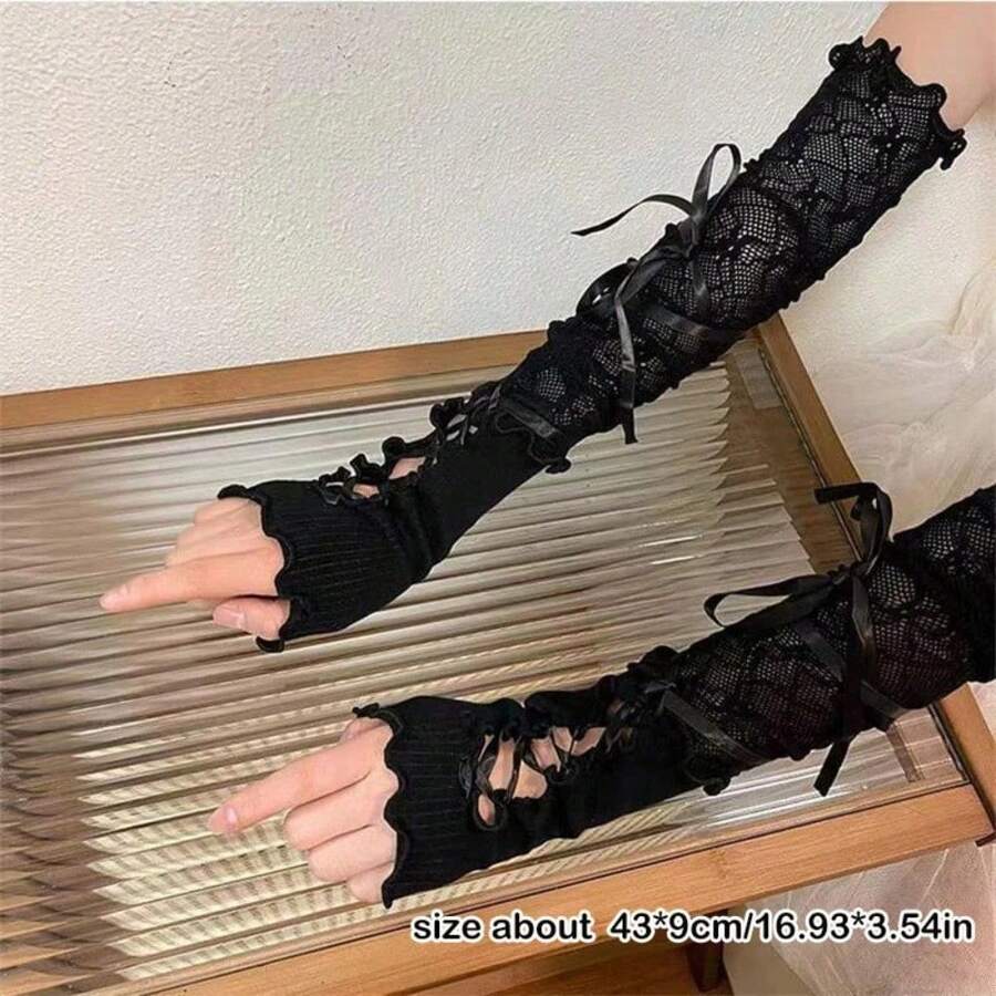 1pcs Women Strapping Lace Fingerless Hot Sexy Arm Sleeves DIY Sunscreen Gloves Elastic Mesh Punk Gloves Clothing - Black-B - 查看 1