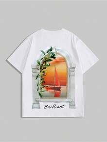 Camiseta de punto de cuello redondo con estampado de puesta de sol de estilo callejero americano casual de verano para hombres YUNCHIC, camiseta de manga corta de ajuste relajado para uso diario, hogar, oficina, exterior, ciudad, regular, calle, casual, joven, minimalista, campus, retro, versátil, textura, elegante, personalizada, deportiva - Blanco - Ver 3