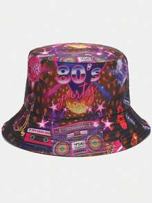 1顶男女通用复古经典“80、90年代”卡带收音机涂鸦印花双面渔夫帽，轻便透气宽檐遮阳帽，百搭休闲街头风，适合各种场合 - A - 查看 8