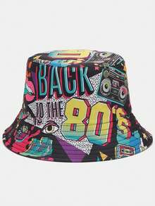 1顶男女通用复古经典“80、90年代”卡带收音机涂鸦印花双面渔夫帽，轻便透气宽檐遮阳帽，百搭休闲街头风，适合各种场合 - A - 查看 14