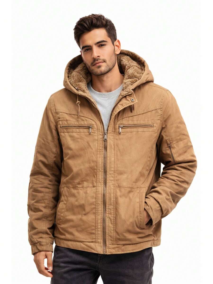 Men's Twill Jacket, Fully Lined With Faux Fur, With A Removable Hood. - Camel - View 1
