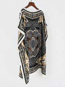1 szt. damski sweter z nadrukiem w stylu vintage z łańcuszkiem, długi szal z imitacji jedwabiu, narzutka na plażę, wiosna/lato, wakacje, swobodny strój kąpielowy - Wielokolorowe - Zobacz 2