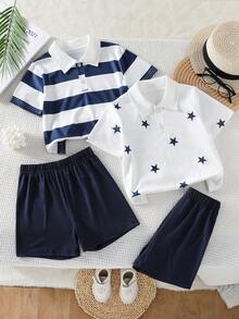 4pcs/Set Toddler Boys' Casual Classic Retro Style Contrast Color Striped/Star Pattern Polo Shirt With Loose Solid Color Shorts Set, Spring/Summer - Multicolor - View 3
