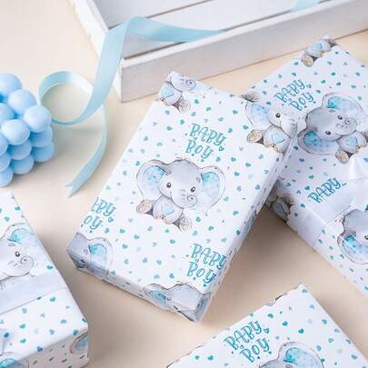 5/10 Sheets Baby Boy Wrapping Paper, 28.5*42cm Gift Wrap, Adorable Blue Elephant Design For Baby Shower, Party, Holiday