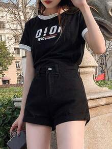 Celana Pendek Denim Pinggang Tinggi untuk Wanita, Celana Pendek Bermuda A-Line Longgar dengan Rumbai untuk Musim Panas, Warna Hitam Kasual - Hitam - View 4