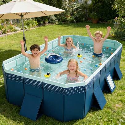 piscina familiar versátil, plegable y no inflable está hecha de PVC reforzado, resistente a arañazos y a los rayos UV. Disponible en varios tamaños, es apta para adultos y niños, no requiere montaje y es fácil de guardar. Ideal para jardines, patios, fiestas de verano y actividades acuáticas cotidianas.