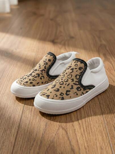 1 Pair Toddler/Kids Leopard Print Canvas Shoes, Color Block Round Toe Slip-On Casual Sneakers, Fashionable Shopping/Cool Kid Style