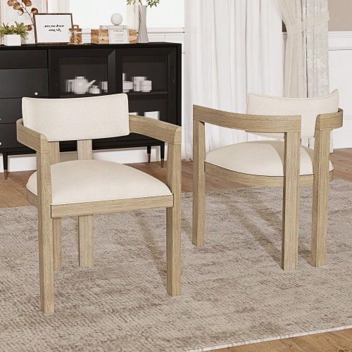 Deux chaises de salle à manger en bois massif, confortables et respirantes, idéales pour les salles à manger, les salons et les cafés. Style moderne, revêtement en lin, couleur naturelle. - Blanc - Voir 1