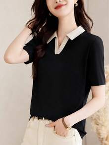Damen Lässig Polokragen Langarm T-Shirt, 2026 Neue Sommer Mode Top Schwarz - Schwarz - Übersicht 2