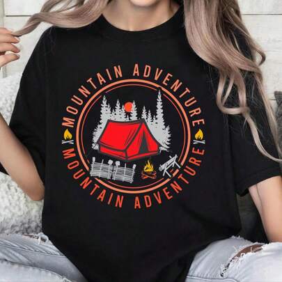 100% Cotton Mountain Adventure Forest Camping Graphic Unisex Heavyweight Cotton T-Shirt Black