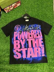 Hellstars Powered By The Star Lightning Y2K Graphic T-Shirt,220g 100% Cotton,Round Neck Short Sleeve,Black Streetwear Essential For Summer Going Out,Unisex Style - Black - View 1