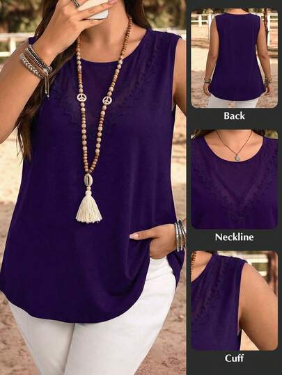 Plus Size Women Ribbed Knit Camisole, Round Neck Long Style, Decorated With Crochet Lace And Semi-Sheer Mesh Details