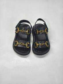 婴儿蝴蝶金属扣凉鞋，绑带魔术贴平底沙滩鞋，夏季 - 黑色 - 查看 5