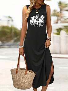 Women's Horse Print Tank Dress - Sleeveless, Round-Neck, Casual, Side-Slit, Long Dress, Medium Stretch, Machine Washable Fabric, Suitable For All Seasons, Ideal For Beach Trips And Everyday Gatherings, With A Flowing Design And Breathable Material For Spring Wear - 黑色 - 查看 6