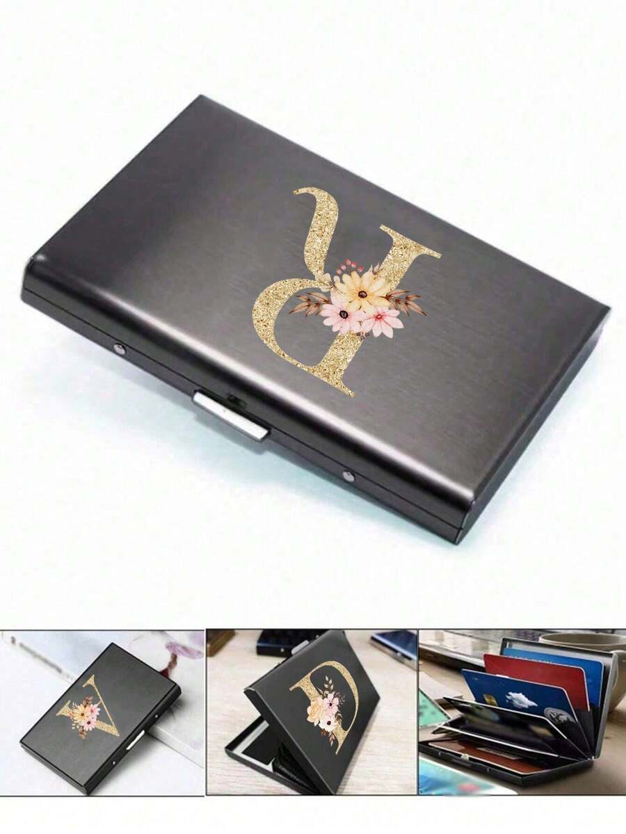 1个超薄卡包，6个卡槽，花卉A-Z字母图案钱包，简约超薄铝制RFID屏蔽信用卡套，便携式防盗卡片收纳盒，适合日常通勤、旅行、办公，时尚配饰及礼品。