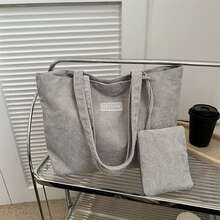 2pcs/Set Large Capacity Corduroy Tote Bag Set, Light Gray/Pale Blue/Caramel Brown, Retro Vertical Stripe, Casual Shoulder Bag And Handbag, Open Top, Big Size, Multi-Pocket, Daily Commute, School, Shopping, Short Trip, Soft Durable Corduroy, Comes With Coin Purse, Fits 13-Inch Laptop, Korean Ins Style, All Season, Fashionable & Practical Women Tote Bag, Student, Office Worker - Multicolor - View 3