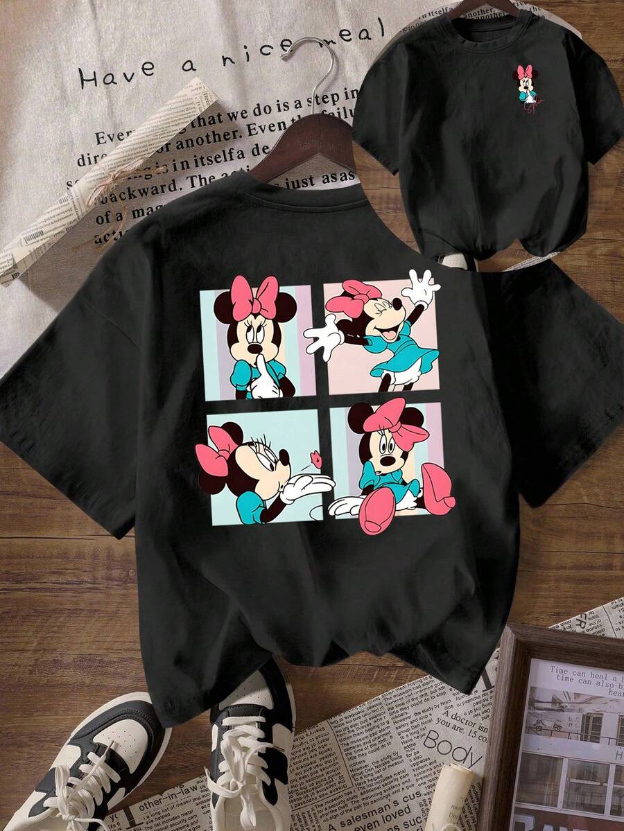 Disney (Loose Version) Women's Cute Cartoon Minnie Mouse Print Cotton T-Shirt Regular Fit Round Neck Short Sleep Top Summer Essential Short-Sleeved Round Neck Casual Shirt, Suitable For Summer And Spring, Holiday Gift Party Clothing, Ladies' Clothing. - Black - View 1