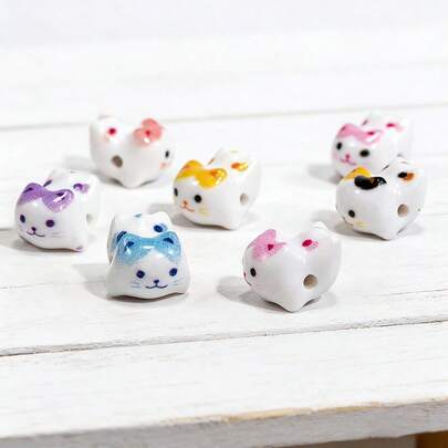 12/18pcs Lucky Cat Ceramic Beads, Acrylic Material 3D Multicolor Handmade Beaded Animal Ceramic Cat Print Ceramic Spacer Beads With Hole, DIY Necklace Bracelet Keychain Jewelry Making Supplies