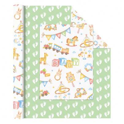 5/10 Sheets Baby Shower Wrapping Paper, 28.5*42cm Baby Shower Wrapping Paper, Gender Neutral Baby Gift Wrap Newborn Toys Design Gift Packing For Boy & Girl Party Decor Reversible Footprint Print