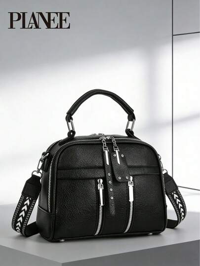 PIANEE Fashion Minimalist Black Litchi Pattern PU Leather Boston Bag, Adjustable Woven Strap Crossbody Bag For Women, Work Commute & Daily Use