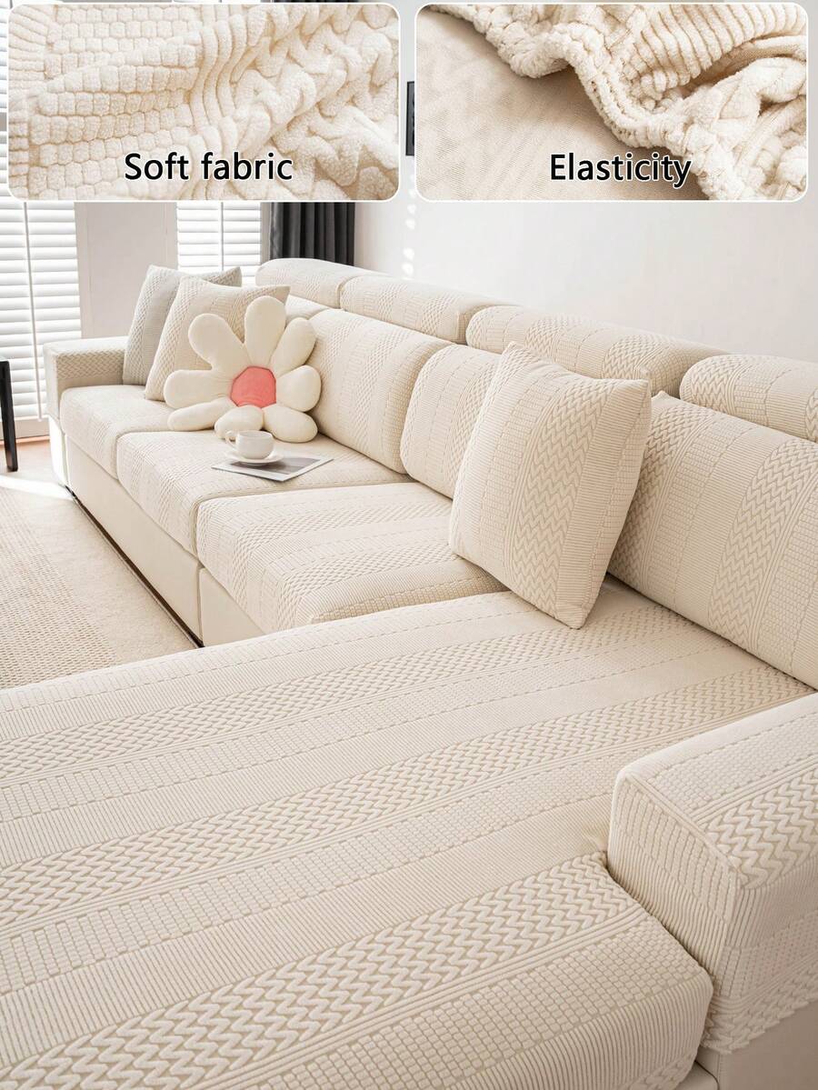 1pc Plush Fabric Sofa Slipcover, Anti-Stain Durable Non-Slip Sofa Seat Cover, Suitable For All Seasons, Pet-Friendly, Machine Washable, Stretch Sofa Cushion Cover, Fits Single/Loveseat/3-Seater/4-Seater Sofa, L-Shaped Sofa, Backrest Cover - Striped Pattern - White - View 1