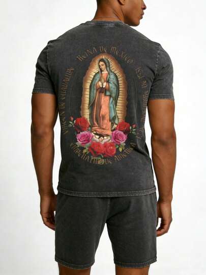 Men's Vintage Washed Guadalupe Virgin Mary Print Short Sleeve Shorts 2 Pieces Pajama Set, Unique & Comfortable Sleepwear
