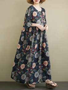 Summer 2026 Striped Dress, Women's Bohemian Casual Beach Vacation Dress. This Loose-Fitting A-Line Dress Features A Round Neck And Batwing Sleeves. - 海軍藍 4 - 查看 4