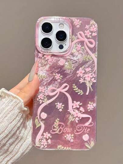 1pc Cute Pink Floral Bow Glacier Texture Phone Case,Shockproof Soft Cover, Suitable Compatible With Apple IPhone17 IPhone17Promax 16ProMax 16Pro 16 15Promax 15Pro 14 13 12 11 Phone Covers, Perfect Practical Gift For Girls, Ideal For Holidays & Birthdays