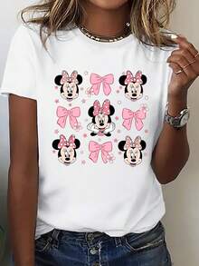 Disney (Loose Version)Adorable Minnie Mouse Heads And Pink Bows Print Women's Round Neck Short Sleeve Cotton T-Shirt Short-Sleeved Round Neck Casual Shirt Necessary In Summer, Suitable For Summer And Spring, Holiday Gift Party Clothing, Ladies' Clothing. - White - View 1