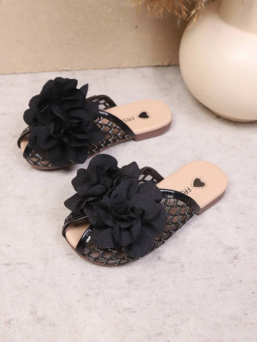 1 Pair Girls' Mesh Embroidered 3D Flower Peep-Toe Flat Sandals, Suitable For Spring And Summer, Princess Shoes - Black - View 1