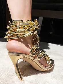 Women's Ankle Leg Lace Up Gold Link Chain Clear PVC Strappy Stiletto Round Toe High Heeled Sandals Party Wedding PVC Glass Wedding - Vàng - Xem 4